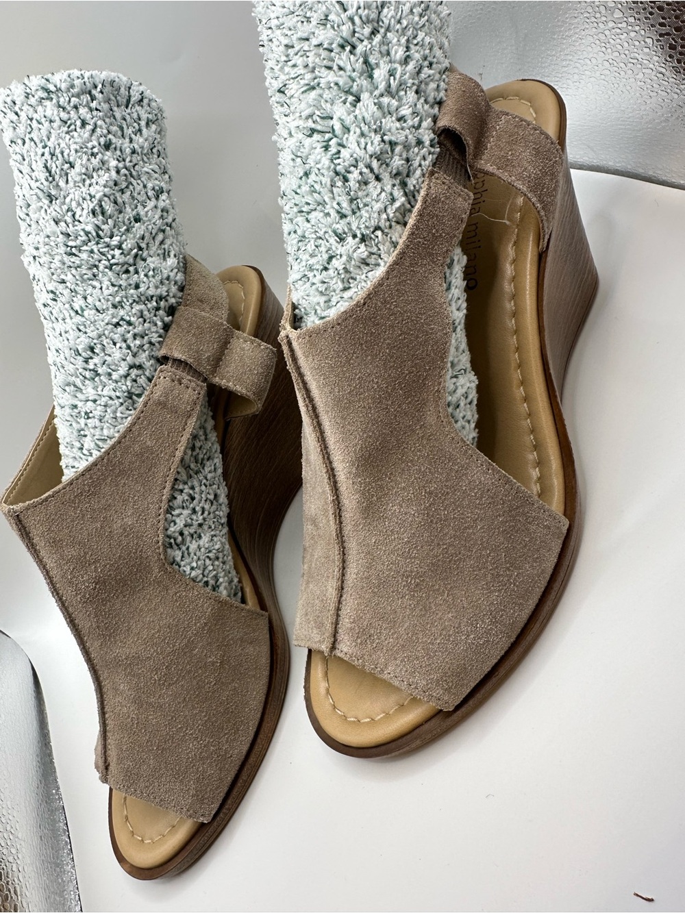 Sophia Milano Taupe Suede Slingback Wedge Sandals Size 9